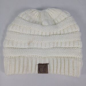 CC Womens OS Ponytail Messy Bun Beanie Ivory Knit Winter Hat Stretch Acrylic